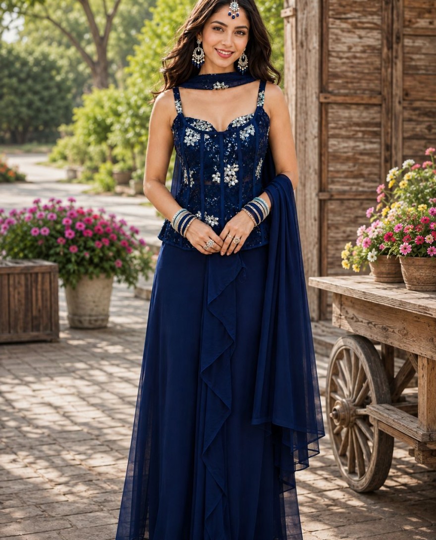 66816 - Navy Blue Sequins Ceremonial Designer Indo-Western
